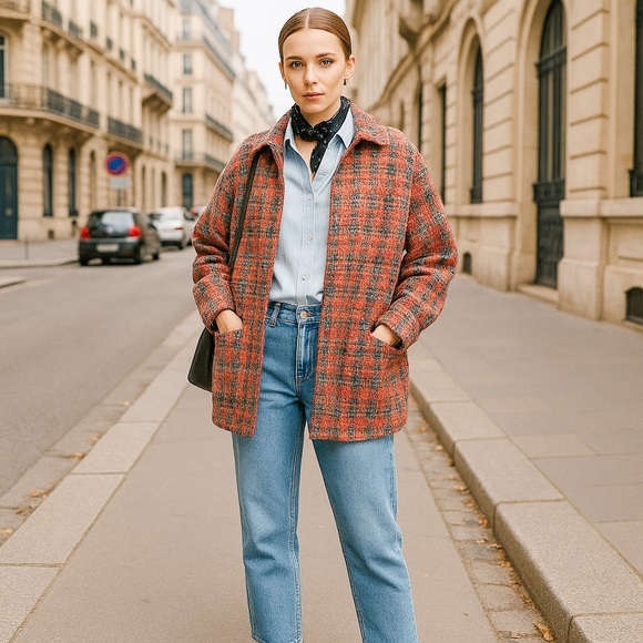 Maison Scotch Womens Plaid Bouclé Tweed Shacket Jacket Orange Gray S Cozy - Picture 1 of 11